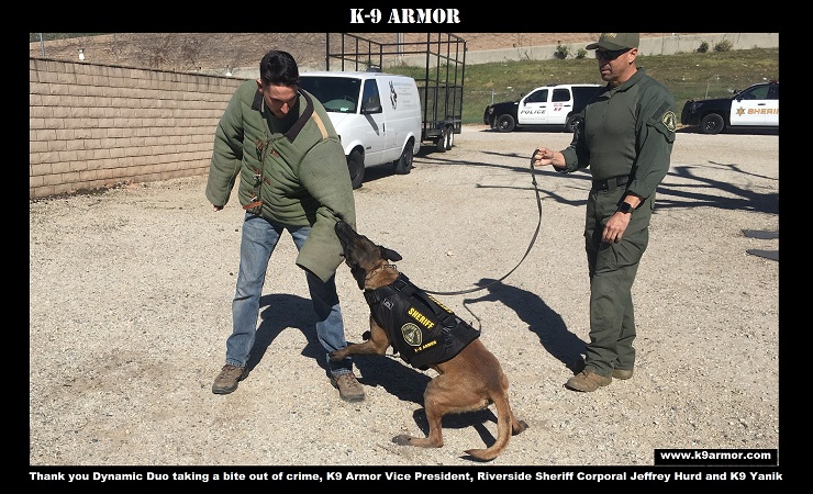 Riverside Sheriff K9 Yanik wearing his K-9 Armor vest with our VP RSO Corporal Hurd at Adlerhorst Training Day, January 2020