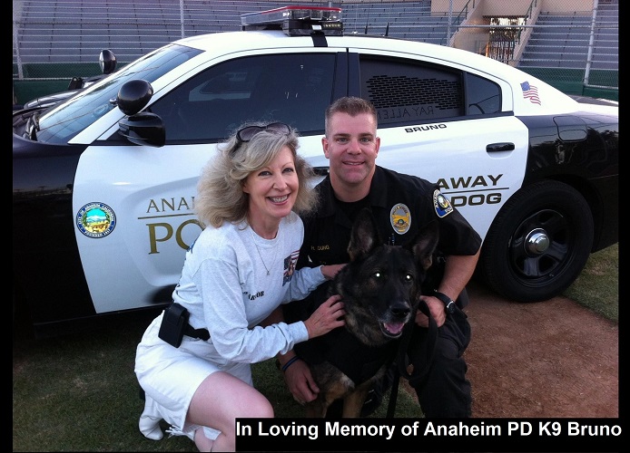 Hugs from K9 Armor cofounder Suzanne and Anaheim PD K9 Bruno and Officer RJ Young. Donate In Loving Memory of Anaheim PD K9 Bruno, shot by ambush