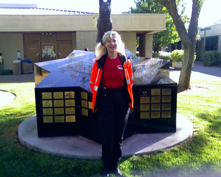 Suzanne Saunders at California Animal Emergency Response System training at UC Davis Memorial to fallen K-9 police dogs.
