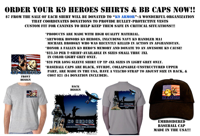 Order K9 Heroes Shirts and Caps click to open Rose Borisow web site