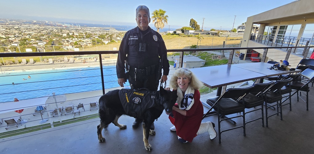 San Pedro Elks Lodge 966 K9 Armor presentation by cofounder Suzanne Saunders to LA Port Police Officer Hernandez for her partner K9 Emir