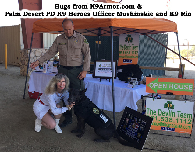 Palm Desert PD Officer Mushinskie with K9 Rio and K9 Armor cofounder Suzanne Saunders