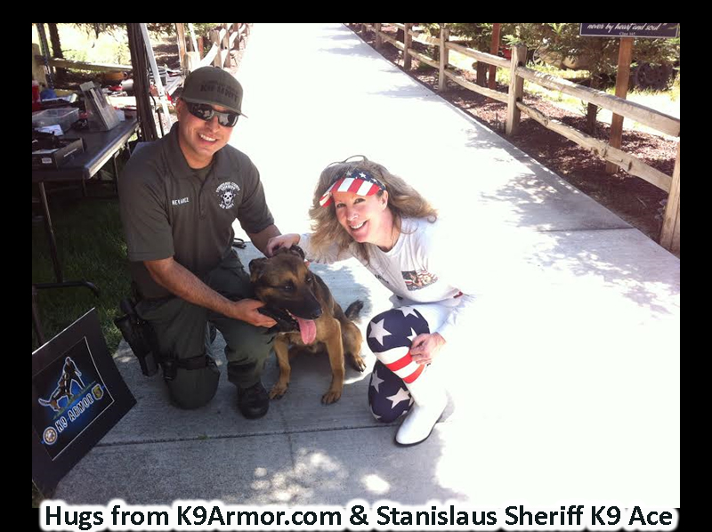 Hugs from Stanislaus Sheriff Deputy Nevarez and K9 Ace with K9 Armor cofounder Suzanne Saunders.