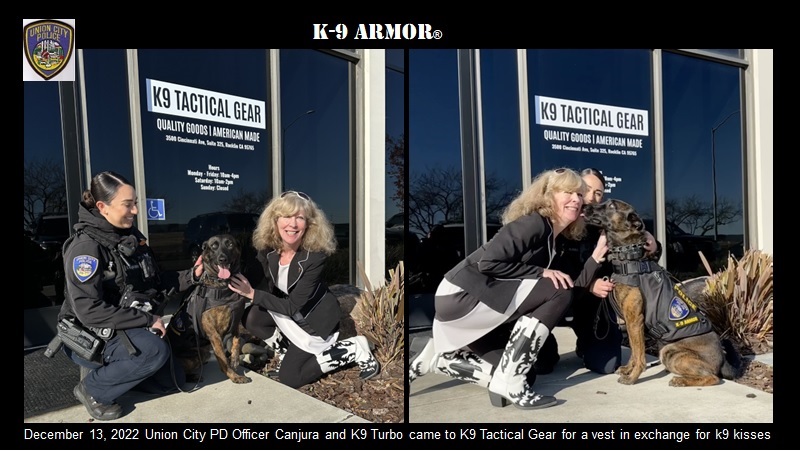 December 13, 2022 Union City PD Officer Canjura and K9 Turbo came to K9 Tactical Gear for a vest and k9 kisses with K9 Armor cofounder Suzanne
